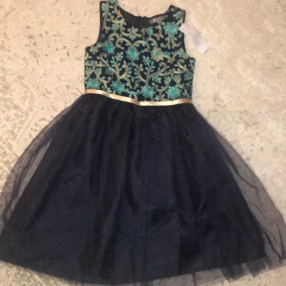 NWT A.T.U.N Brocade Dress Sz 7/8 gd/turquoise/navy